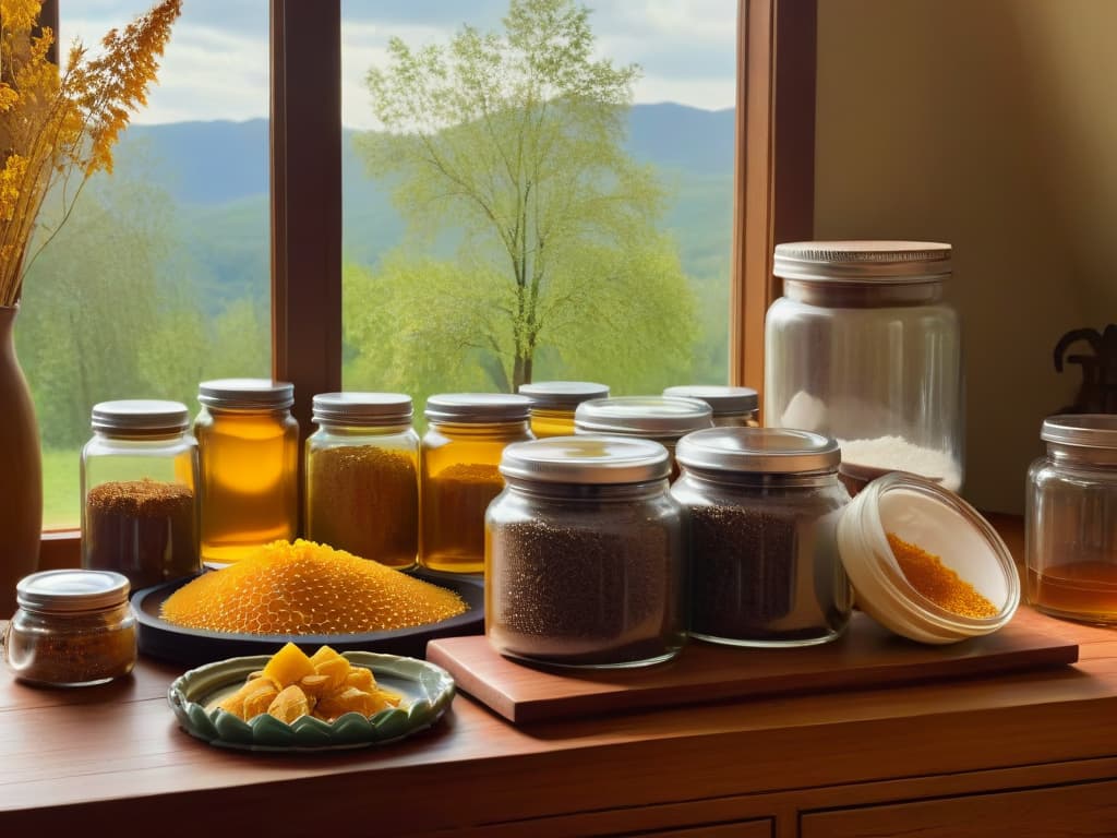  A closeup, photorealistic image of a wooden kitchen counter scattered with an assortment of natural sweeteners in glass jars and bowls. The scene includes stevia leaves, raw honeycomb, maple syrup in a vintage bottle, coconut sugar, and a pile of fresh vanilla beans. The warm sunlight streaming in through a nearby window illuminates the ingredients, highlighting their textures and colors in exquisite detail. hyperrealistic, full body, detailed clothing, highly detailed, cinematic lighting, stunningly beautiful, intricate, sharp focus, f/1. 8, 85mm, (centered image composition), (professionally color graded), ((bright soft diffused light)), volumetric fog, trending on instagram, trending on tumblr, HDR 4K, 8K