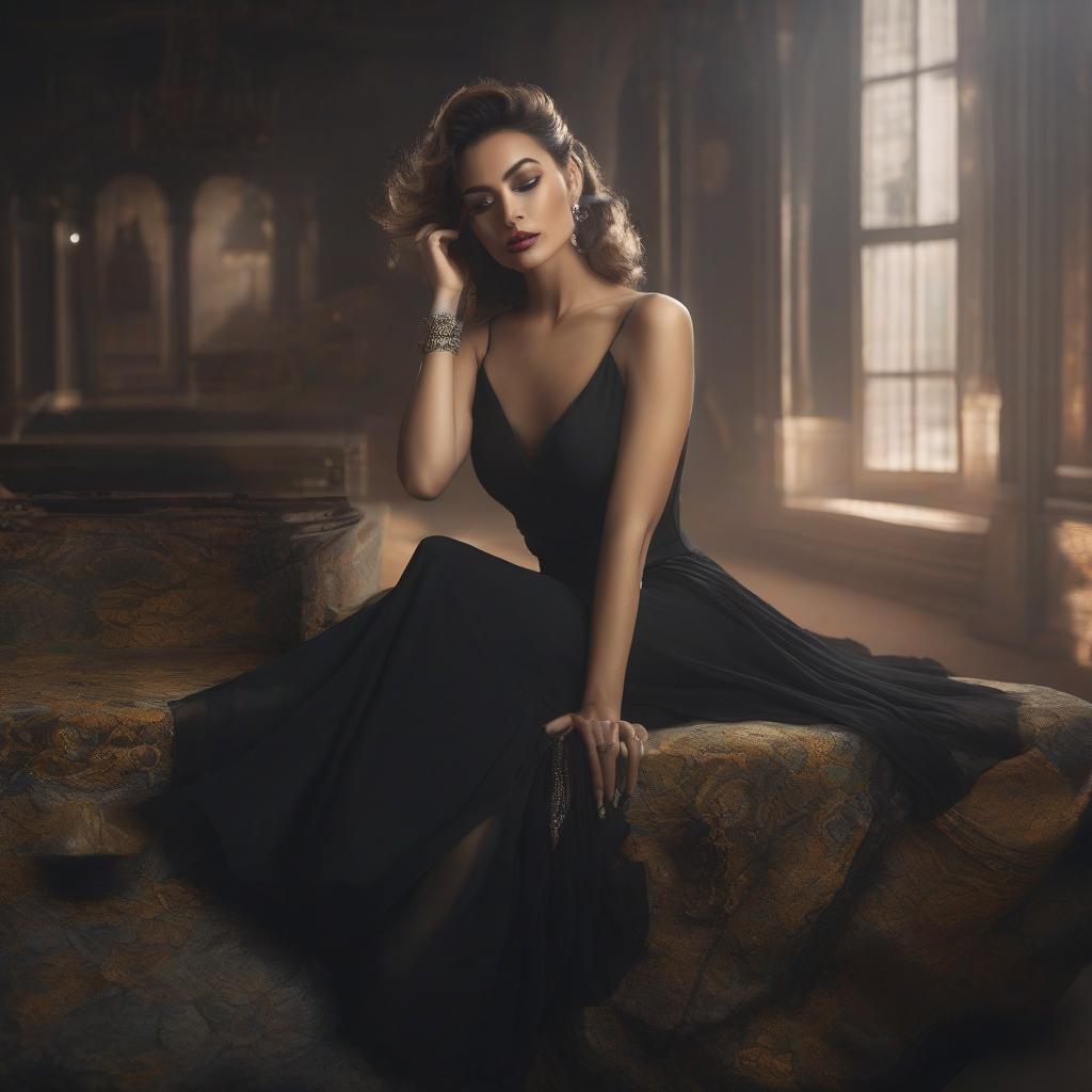  A vintage sad beauty in a black dress lies with open eyes in the 1990s. hyperrealistic, full body, detailed clothing, highly detailed, cinematic lighting, stunningly beautiful, intricate, sharp focus, f/1. 8, 85mm, (centered image composition), (professionally color graded), ((bright soft diffused light)), volumetric fog, trending on instagram, trending on tumblr, HDR 4K, 8K