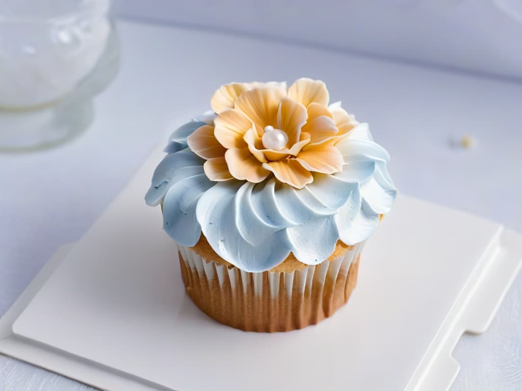  A closeup, ultradetailed image of a beautifully decorated cupcake, showcasing intricate frosting swirls in pastel colors, topped with delicate edible flowers and shimmering edible pearls. The cupcake is placed on a sleek, modern white plate against a clean, minimalist background, highlighting the artistry and elegance of thematic pastry merchandising. hyperrealistic, full body, detailed clothing, highly detailed, cinematic lighting, stunningly beautiful, intricate, sharp focus, f/1. 8, 85mm, (centered image composition), (professionally color graded), ((bright soft diffused light)), volumetric fog, trending on instagram, trending on tumblr, HDR 4K, 8K