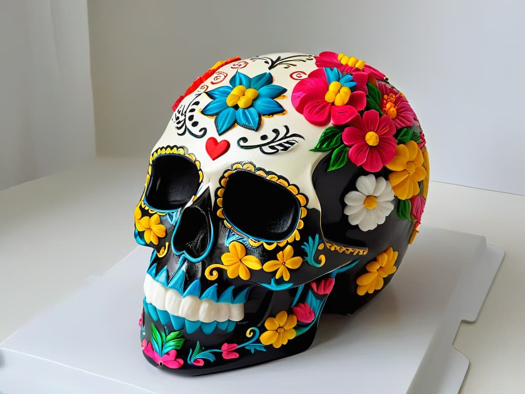  A closeup, highresolution image of a beautifully crafted traditional Mexican sugar skull displayed on a simple, elegant white background. The skull is intricately decorated with vibrant colors and delicate patterns, showcasing the artistry and cultural significance of traditional sweets in modern festivals. hyperrealistic, full body, detailed clothing, highly detailed, cinematic lighting, stunningly beautiful, intricate, sharp focus, f/1. 8, 85mm, (centered image composition), (professionally color graded), ((bright soft diffused light)), volumetric fog, trending on instagram, trending on tumblr, HDR 4K, 8K