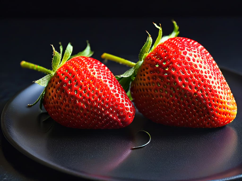  A closeup, ultradetailed image of a perfectly ripe, vibrant red strawberry glistening with dew drops, placed on a sleek, modern, matte black plate. The strawberry is impeccably fresh, showcasing its natural texture, with tiny seeds and delicate green leaves intact. The lighting is soft, emphasizing the strawberry's juicy surface and creating a stunning contrast against the dark background. This minimalistic composition evokes a sense of purity, freshness, and organic allure, perfect for captivating the audience's attention and highlighting the essence of choosing organic ingredients for baking. hyperrealistic, full body, detailed clothing, highly detailed, cinematic lighting, stunningly beautiful, intricate, sharp focus, f/1. 8, 85mm, (centered image composition), (professionally color graded), ((bright soft diffused light)), volumetric fog, trending on instagram, trending on tumblr, HDR 4K, 8K