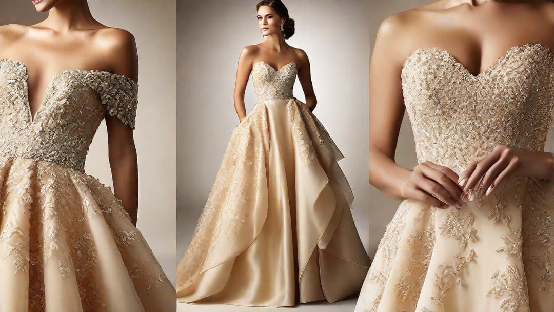  Create an image that showcases a champagne-colored dress paired with various color combinations to illustrate "What colors go with a champagne dress?" This image should evoke a sense of elegance and style, while demonstrating the versatility of the champagne dress in different settings and occasions. hyperrealistic, full body, detailed clothing, highly detailed, cinematic lighting, stunningly beautiful, intricate, sharp focus, f/1. 8, 85mm, (centered image composition), (professionally color graded), ((bright soft diffused light)), volumetric fog, trending on instagram, trending on tumblr, HDR 4K, 8K
