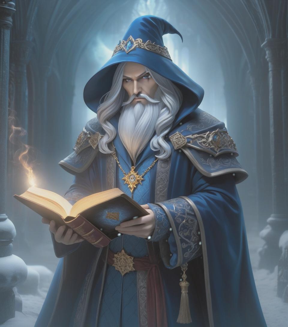  gothic style A wizard of ice with a book in a blue coat. . dark, mysterious, haunting, dramatic, ornate, detailed hyperrealistic, full body, detailed clothing, highly detailed, cinematic lighting, stunningly beautiful, intricate, sharp focus, f/1. 8, 85mm, (centered image composition), (professionally color graded), ((bright soft diffused light)), volumetric fog, trending on instagram, trending on tumblr, HDR 4K, 8K