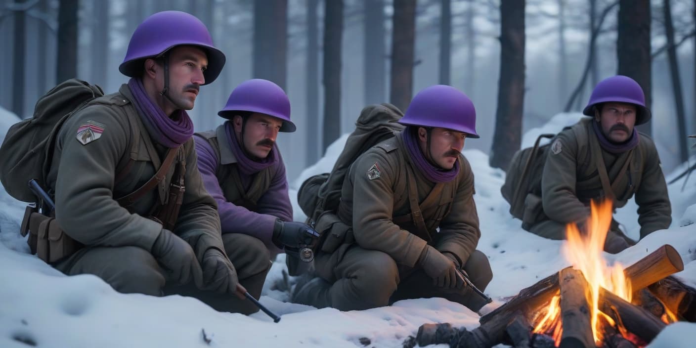  Cold winter, far away in the trenches, soldiers lie in purple helmets, they warm themselves by the fire, they are far away from us. hyperrealistic, full body, detailed clothing, highly detailed, cinematic lighting, stunningly beautiful, intricate, sharp focus, f/1. 8, 85mm, (centered image composition), (professionally color graded), ((bright soft diffused light)), volumetric fog, trending on instagram, trending on tumblr, HDR 4K, 8K