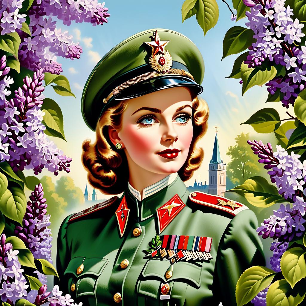  Advertising poster style Victory Day, postcard,covert,letter,salute,lilacs,1945 May,spring. . Professional, modern, product focused, commercial, eye catching, highly detailed hyperrealistic, full body, detailed clothing, highly detailed, cinematic lighting, stunningly beautiful, intricate, sharp focus, f/1. 8, 85mm, (centered image composition), (professionally color graded), ((bright soft diffused light)), volumetric fog, trending on instagram, trending on tumblr, HDR 4K, 8K