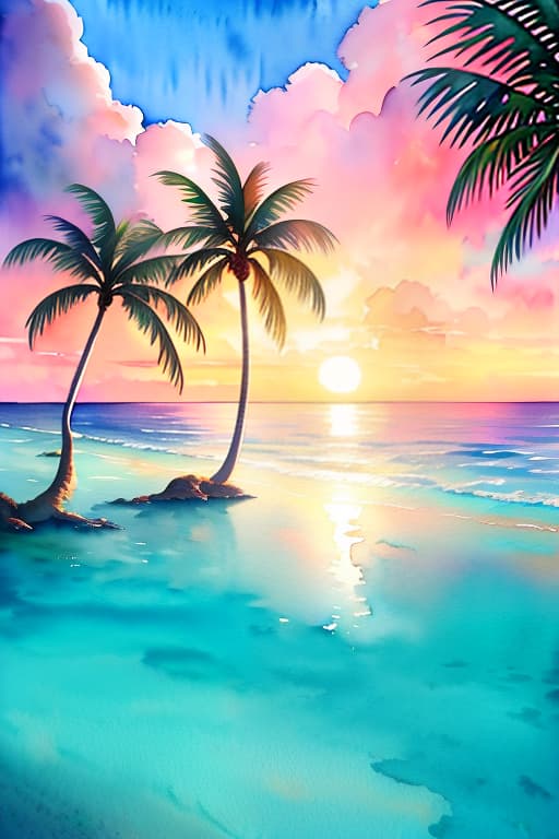  sea, tropical island, sunset sky, palm trees, (Watercolor painting) soft colors ,fluid strokes ,transparent layers hyperrealistic, full body, detailed clothing, highly detailed, cinematic lighting, stunningly beautiful, intricate, sharp focus, f/1. 8, 85mm, (centered image composition), (professionally color graded), ((bright soft diffused light)), volumetric fog, trending on instagram, trending on tumblr, HDR 4K, 8K