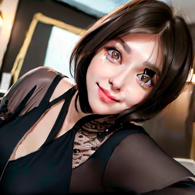  masterpiece, best quality, Best Quality, Masterpiece, hyper realistic 8k resolution,high resolution concept art of a girl around ther age of 34 with dark brunette hair cut shoulder length and with bangs. she has big eyes with dark eyeshadow . she has large deep dimples in each cheek and a cute mischevious smile.