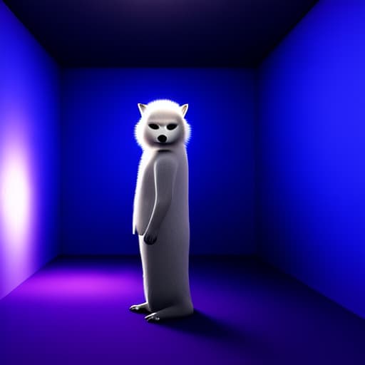  A photo of a white fur monster standing in a purple room