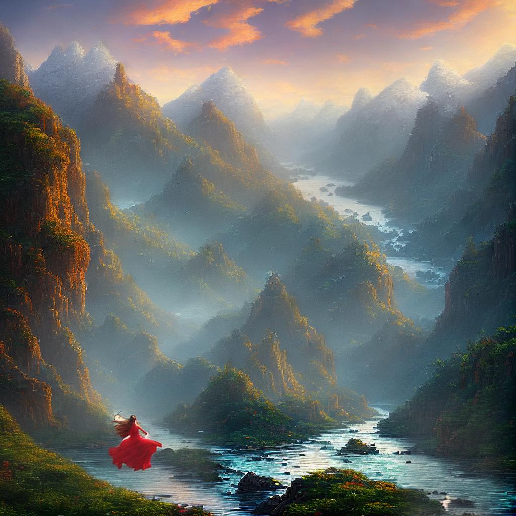  ((masterpiece)),(((best quality))), 8k, high detailed, ultra-detailed. A girl in flight, with her hair flowing in the wind. She is wearing a vibrant red dress, gracefully soaring through a colorful sky surrounded by fluffy clouds. The sunlight illuminates her face, highlighting her joyous expression. The background showcases a picturesque landscape, with rolling hills, tall trees, and a peaceful river. The overall style is reminiscent of impressionism, with vibrant brushstrokes and a sense of movement. The artist behind this extraordinary masterpiece is Emily Johnson, known for her ethereal and dreamlike artworks. You can find more of her works on her website emilyjohnsonart.com. hyperrealistic, full body, detailed clothing, highly detailed, cinematic lighting, stunningly beautiful, intricate, sharp focus, f/1. 8, 85mm, (centered image composition), (professionally color graded), ((bright soft diffused light)), volumetric fog, trending on instagram, trending on tumblr, HDR 4K, 8K