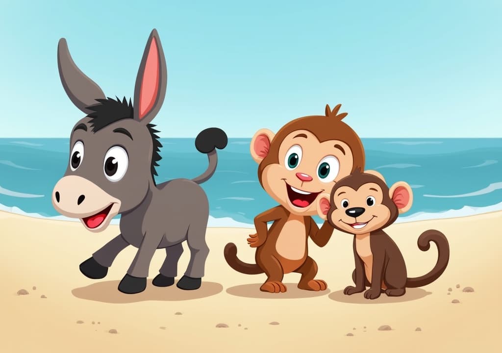  good quality, high quality, funny animals on a beach, donkey, monkey, meerkat.