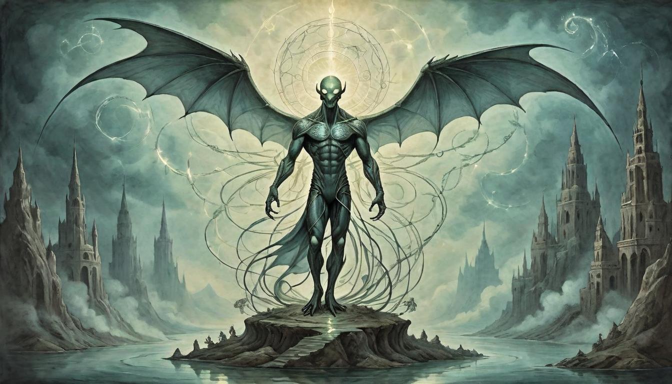  on parchment, surrealism+++, Reptilian figure standing firm on solid ground, human figure floating above with ethereal wings, connected by glowing threads, sense of grounded stability, ethereal light, harmonious(mysterious, provocative, symbolic,muted color)+++