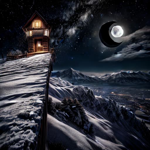  a house on a big mountain, by night, moon in sky, stars light, raw photo, creative, best quality, masterpiece