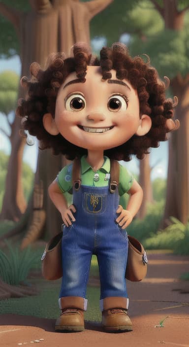  {The tree with a smiling face formed by its bark, looking down at Riley., Riley, a curious with big brown eyes and curly hair, wearing overalls and carrying a small backpack. Their friend, Skye, a bluebird with shiny feathers.