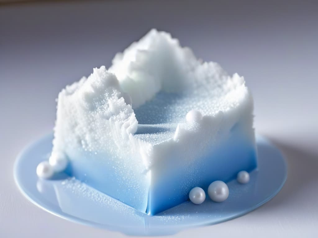  An intricately detailed closeup image of a delicate sugar crystal forming on the surface of a perfectly glossy and smooth dessert, reflecting the light in a mesmerizing way. The crystal is geometrically precise, showcasing the artistry and precision required in the cristalización process for creating unique and elegant dessert decorations. The background is softfocused to emphasize the crystal's intricate beauty and the minimalistic aesthetic of the image. hyperrealistic, full body, detailed clothing, highly detailed, cinematic lighting, stunningly beautiful, intricate, sharp focus, f/1. 8, 85mm, (centered image composition), (professionally color graded), ((bright soft diffused light)), volumetric fog, trending on instagram, trending on tumblr, HDR 4K, 8K