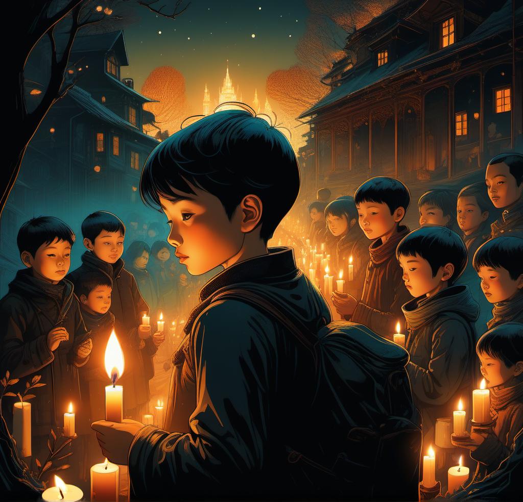  Middle shot, children, candle in his hand, by Nicolas Delort and Victo Ngai, vivid, highly detailed, hand-drawn, combined with digital art, night, whimsical, (enchanting atmosphere:1.1), warm lighting , depth of field, Wacom Cintiq, Adobe Photoshop, 300 DPI, (hdr:1.2), teal and orange hyperrealistic, full body, detailed clothing, highly detailed, cinematic lighting, stunningly beautiful, intricate, sharp focus, f/1. 8, 85mm, (centered image composition), (professionally color graded), ((bright soft diffused light)), volumetric fog, trending on instagram, trending on tumblr, HDR 4K, 8K