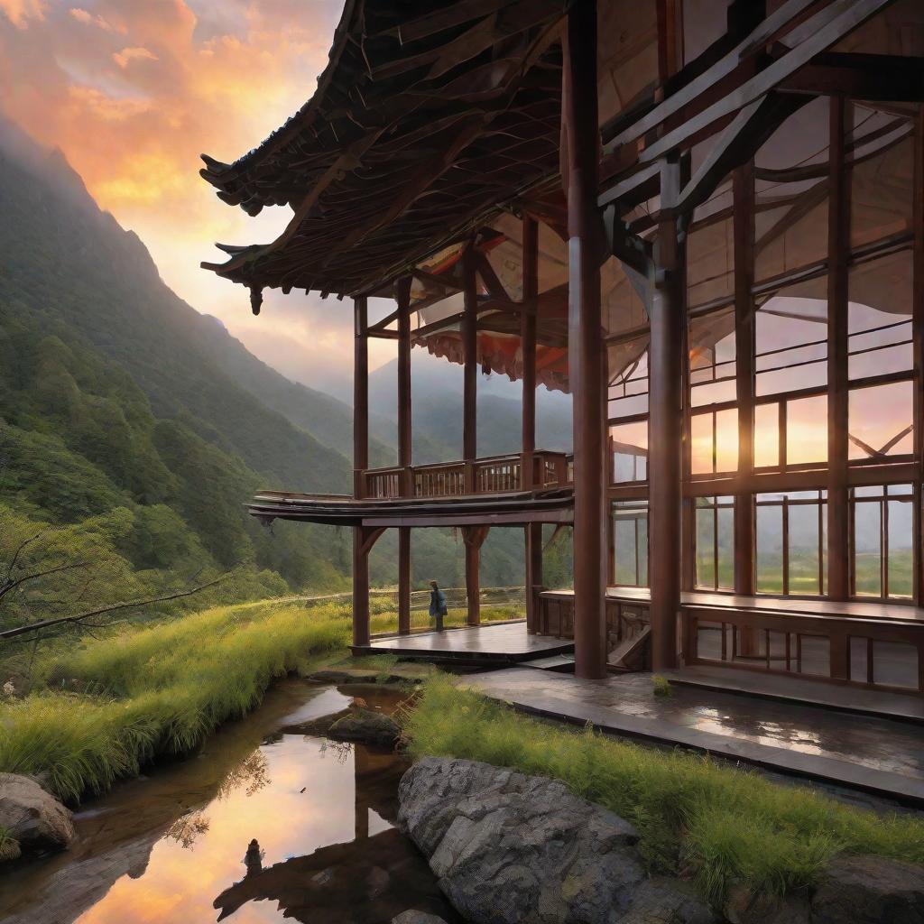  The sun sinks in the pavilion at the beginning of the stream cloud, and the wind fills the building when the mountain rain is about to come.