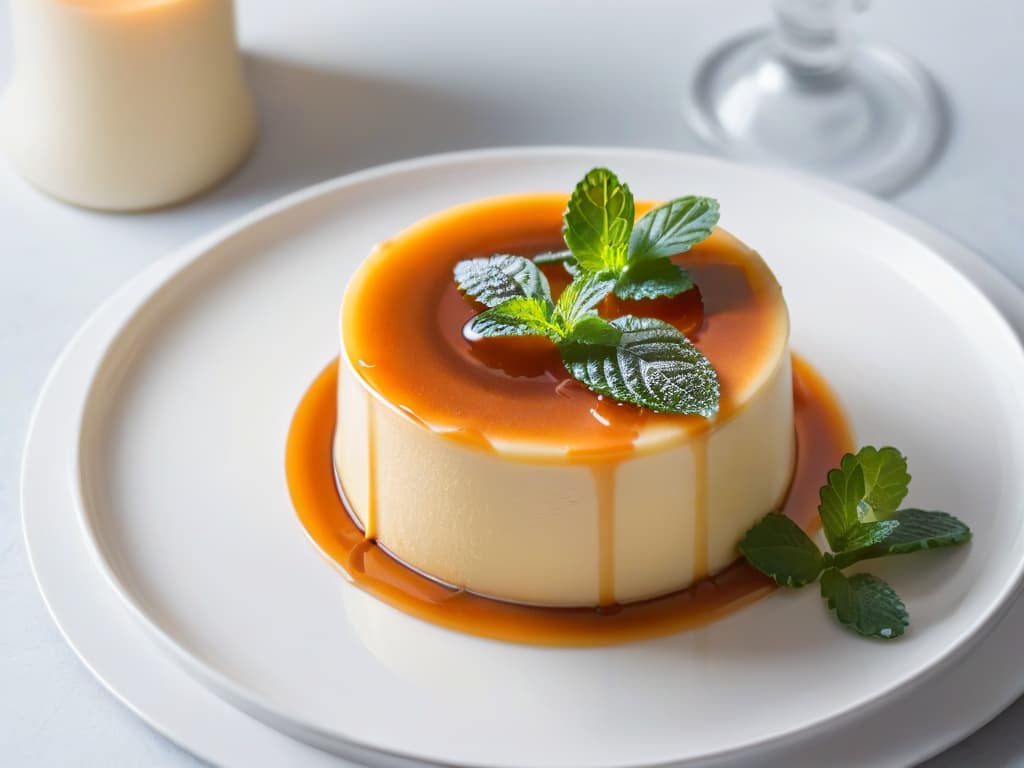  An ultradetailed image of a creamy flan with a perfectly caramelized top, set on a simple white plate garnished with a single mint leaf. The flan is meticulously crafted, showcasing a velvety smooth texture that glistens under soft lighting, with just a hint of the caramel sauce drizzling down the sides. The minimalistic composition highlights the elegance and simplicity of this classic dessert, evoking a sense of culinary perfection and tempting the viewer's taste buds. hyperrealistic, full body, detailed clothing, highly detailed, cinematic lighting, stunningly beautiful, intricate, sharp focus, f/1. 8, 85mm, (centered image composition), (professionally color graded), ((bright soft diffused light)), volumetric fog, trending on instagram, trending on tumblr, HDR 4K, 8K