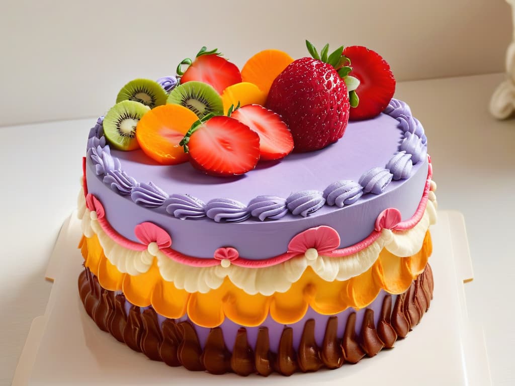  A closeup, ultradetailed image of a vibrant and intricately decorated cake showcasing a variety of vivid colors created using highquality food coloring. The cake should be elegantly designed with intricate piping work and delicate fondant details, emphasizing the use of topnotch food coloring brands to achieve stunning and safe results. The colors should be rich and eyecatching, inviting the viewer to explore the artistry and craftsmanship involved in creating such a visually appealing dessert. hyperrealistic, full body, detailed clothing, highly detailed, cinematic lighting, stunningly beautiful, intricate, sharp focus, f/1. 8, 85mm, (centered image composition), (professionally color graded), ((bright soft diffused light)), volumetric fog, trending on instagram, trending on tumblr, HDR 4K, 8K