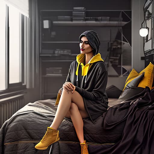 nvinkpunk a woman in a hoodie sitting on a bed, blush, smile, short hair, bangs, black hair, long sleeves, hair between eyes, collarbone, yellow eyes, shorts, indoors, dark skin, grin, dark skinned female, short shorts, on bed, black shorts, hood down, drawstring, lamp, white hoodie, yellow hoodie hyperrealistic, full body, detailed clothing, highly detailed, cinematic lighting, stunningly beautiful, intricate, sharp focus, f/1. 8, 85mm, (centered image composition), (professionally color graded), ((bright soft diffused light)), volumetric fog, trending on instagram, trending on tumblr, HDR 4K, 8K