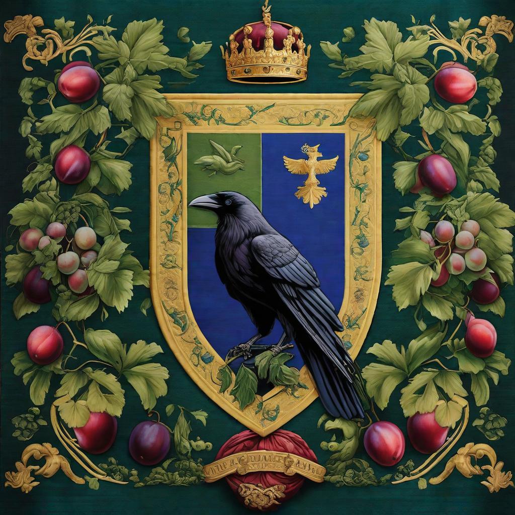  a family crest tapestry using green and blue, plums and ravens hyperrealistic, full body, detailed clothing, highly detailed, cinematic lighting, stunningly beautiful, intricate, sharp focus, f/1. 8, 85mm, (centered image composition), (professionally color graded), ((bright soft diffused light)), volumetric fog, trending on instagram, trending on tumblr, HDR 4K, 8K