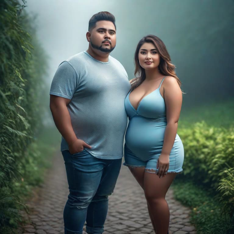  Chubby couple hyperrealistic, full body, detailed clothing, highly detailed, cinematic lighting, stunningly beautiful, intricate, sharp focus, f\/1. 8, 85mm, (centered image composition), (professionally color graded), ((bright soft diffused light)), volumetric fog, trending on instagram, trending on tumblr, HDR 4K, 8K