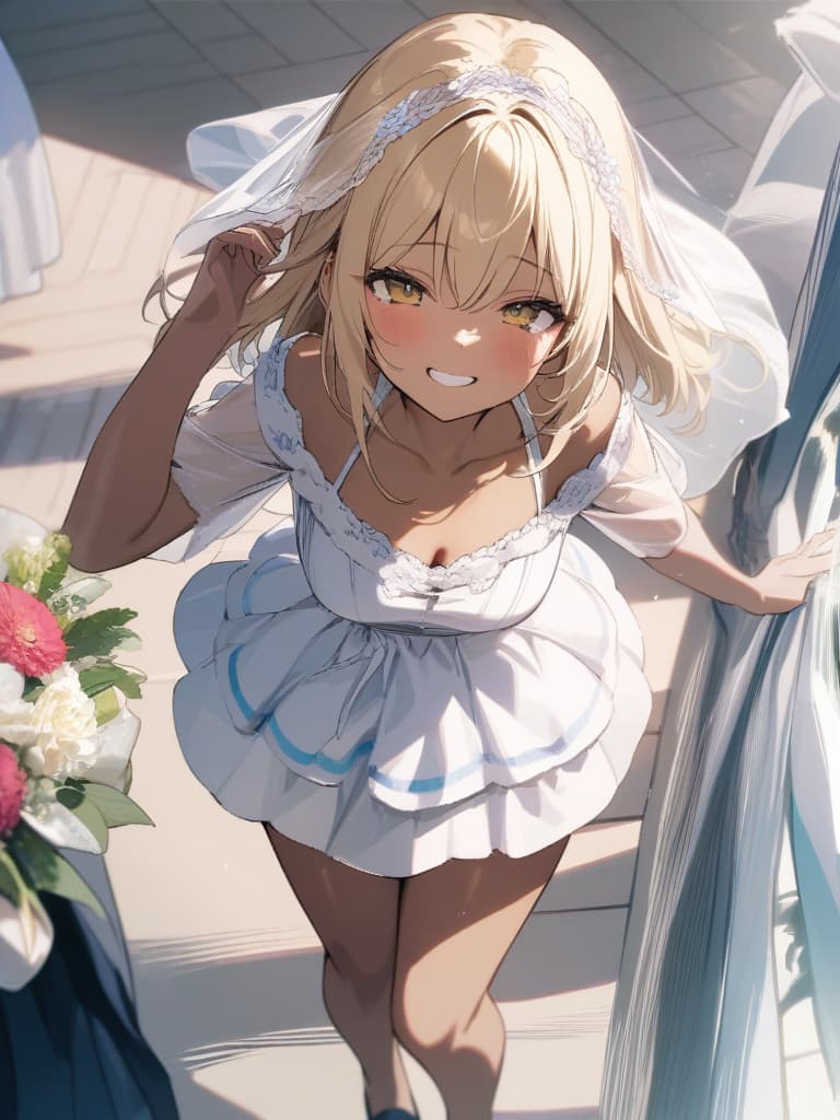  ultra detailed:1.2,masterpiece:1.2,best quality,masterpiece,bestquality,hdr:1.1,8k:1.1,very cute girl:1.3,blond hair:1.3 pink wading dress:1.3,bridal veil:1.2,(dark skin:1.4),grin smile:1.4,tears:1.6,open mouth:1.3,looking up:1.3,from above:1.4,bouquet toss:1.5, masterpiece, best quality,8k,ultra detailed,high resolution,an extremely delicate and beautiful,hyper detail