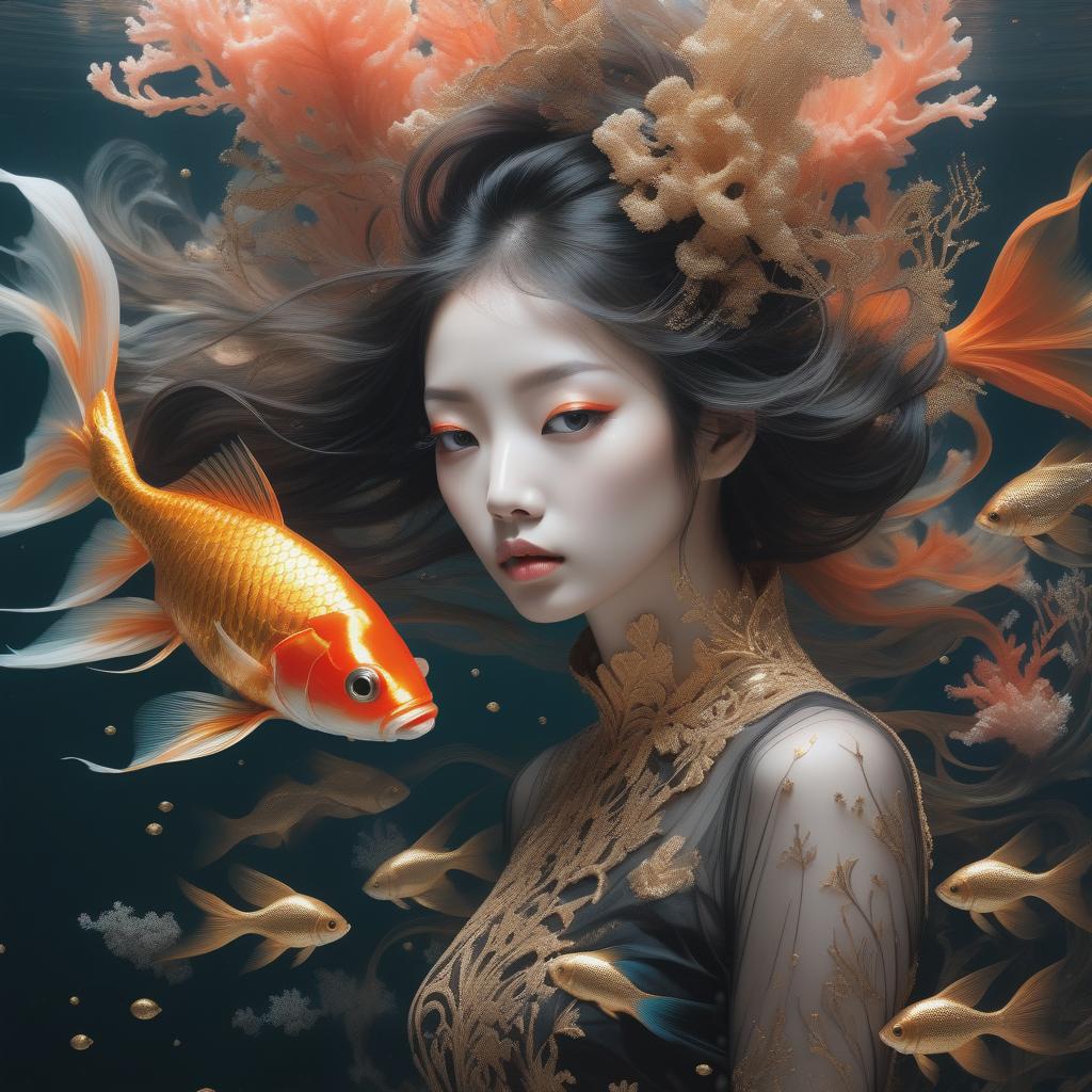  photo RAW, (Black, petrol and gold :  2 ghostly long tailed gold fish, brown woman, shiny aura, highly detailed, gold and coral filigree, intricate motifs, organic tracery, Januz Miralles, Hikari Shimoda, glowing stardust by W. Zelmer, perfect composition, smooth, sharp focus, sparkling particles, lively coral reef background Realistic, realism, hd, 35mm photograph, 8k), masterpiece, award winning photography, natural light, perfect composition, high detail, hyper realistic
