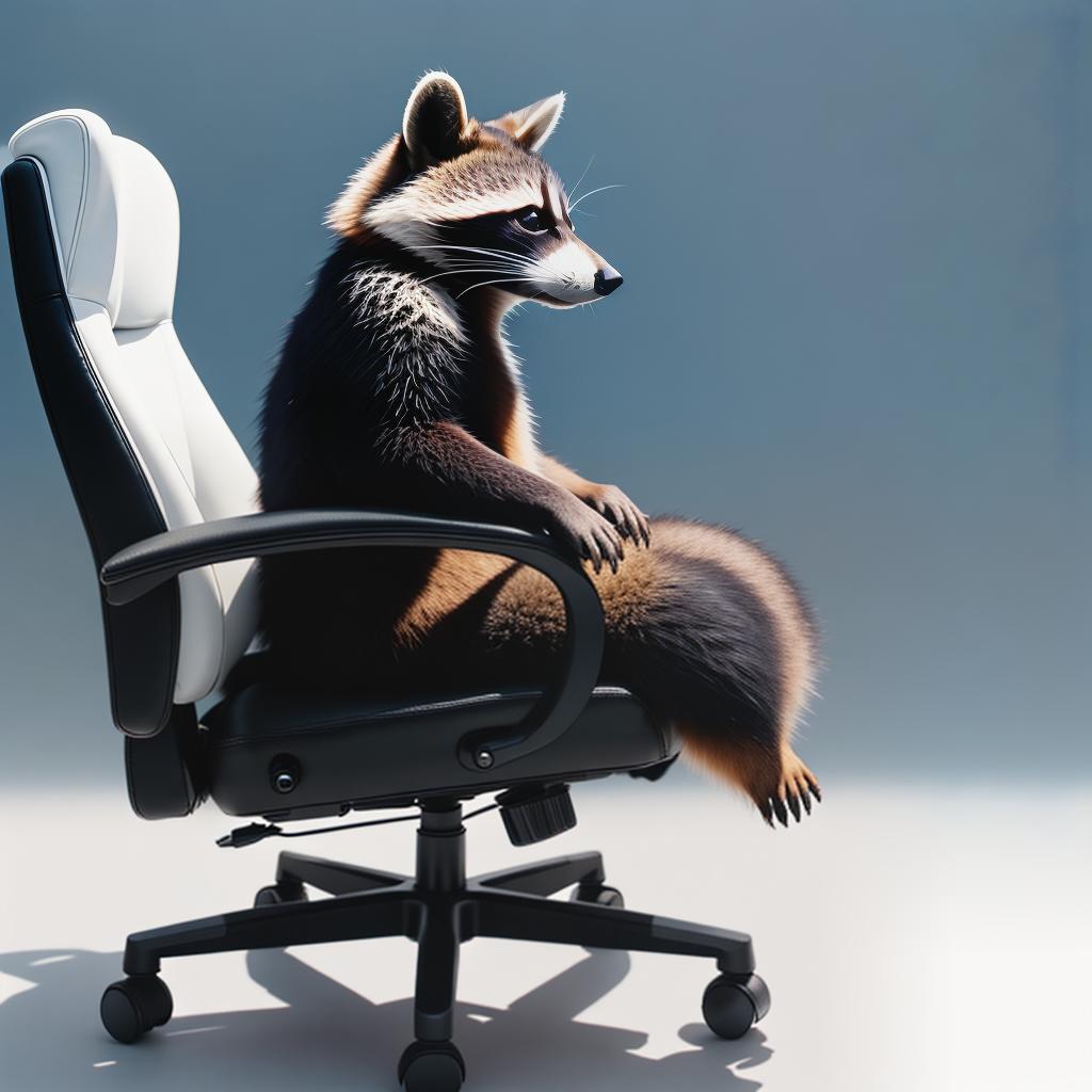  raccoon sitting in gaming chair front a computer on desktop, ((semi anthropomorphic)),(full body), tail, belly, sitting, fat, (chubby), (((white background))), solo, desktop, gaming chair, side view,  [[[clothes]]] hyperrealistic, full body, detailed clothing, highly detailed, cinematic lighting, stunningly beautiful, intricate, sharp focus, f/1. 8, 85mm, (centered image composition), (professionally color graded), ((bright soft diffused light)), volumetric fog, trending on instagram, trending on tumblr, HDR 4K, 8K