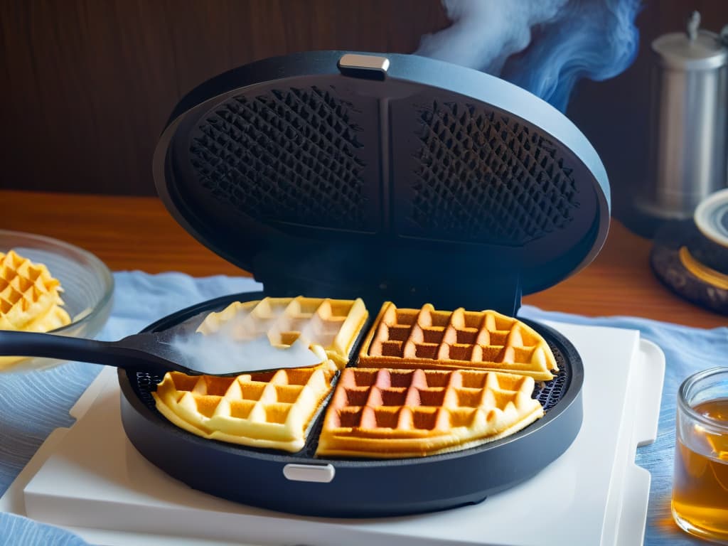  An ultradetailed illustration of a vintage waffle iron with a sleek, minimalist design, showcasing intricate steam rising from the golden waffles inside. hyperrealistic, full body, detailed clothing, highly detailed, cinematic lighting, stunningly beautiful, intricate, sharp focus, f/1. 8, 85mm, (centered image composition), (professionally color graded), ((bright soft diffused light)), volumetric fog, trending on instagram, trending on tumblr, HDR 4K, 8K