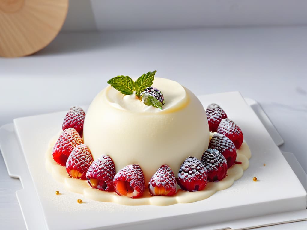  A highresolution image of a pristine white marble countertop, featuring a perfectly plated minimalist dessert at its center. The dessert is a delicate sphere of smooth vanilla panna cotta, topped with a single vibrant red raspberry and a sprinkle of gold leaf. The impeccable presentation is enhanced by the subtle play of light and shadow, creating a visually striking and elegant composition that embodies the essence of minimalist dessert artistry. hyperrealistic, full body, detailed clothing, highly detailed, cinematic lighting, stunningly beautiful, intricate, sharp focus, f/1. 8, 85mm, (centered image composition), (professionally color graded), ((bright soft diffused light)), volumetric fog, trending on instagram, trending on tumblr, HDR 4K, 8K