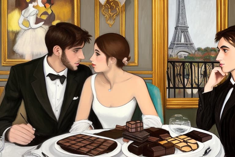  Attractive Beautiful young modern Parisian couple dressed in modern designer attire looking at each other. Foreground is plates of fine dark chocolates. Background is an exclusive Parisian restaurant . Painting style of Edgar Degas