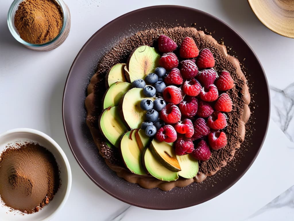  An 8k ultradetailed image of a beautifully styled, minimalist dessert plate featuring a decadent chocolate avocado mousse topped with fresh raspberries, chia seeds, and a sprinkle of cacao powder. The dessert plate is set on a sleek, white marble backdrop, with soft natural lighting enhancing the vibrant colors of the superfood ingredients. The presentation is elegant yet simple, showcasing the delicious and healthy aspects of using superfoods in dessert recipes. hyperrealistic, full body, detailed clothing, highly detailed, cinematic lighting, stunningly beautiful, intricate, sharp focus, f/1. 8, 85mm, (centered image composition), (professionally color graded), ((bright soft diffused light)), volumetric fog, trending on instagram, trending on tumblr, HDR 4K, 8K