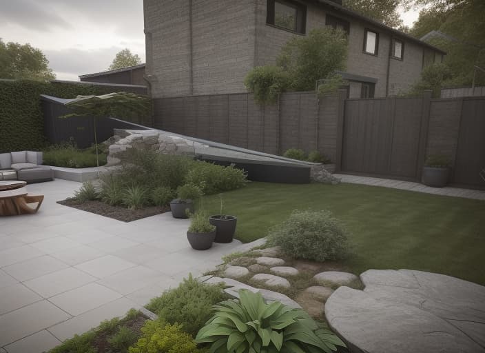  garden redesigned with a modern wooden office in the top left, gazebo extending to the right with an outside kitchen dining area underneath, green area, water feature, grey slate patio, fire pit, modern and stylish, photorealistic, contrast, high quality, hyper realistic, clear features, highly detailed, natural lighting, sharp focus, f/1. 8, 85mm, high contrast, HDR 4K, 8K