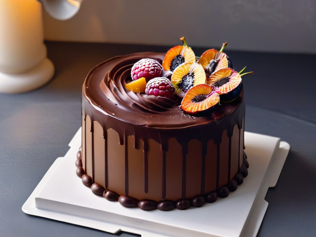  An ultradetailed, minimalist image of a perfectly smooth and glossy chocolate ganache being poured over a decadent cake, captured in high resolution to showcase the intricate details of the swirling patterns and the rich, velvety texture of the ganache. The image focuses on the luxurious sheen of the ganache against the backdrop of the cake, highlighting the artistry and precision involved in creating sophisticated pastry emulsions at a professional level. hyperrealistic, full body, detailed clothing, highly detailed, cinematic lighting, stunningly beautiful, intricate, sharp focus, f/1. 8, 85mm, (centered image composition), (professionally color graded), ((bright soft diffused light)), volumetric fog, trending on instagram, trending on tumblr, HDR 4K, 8K