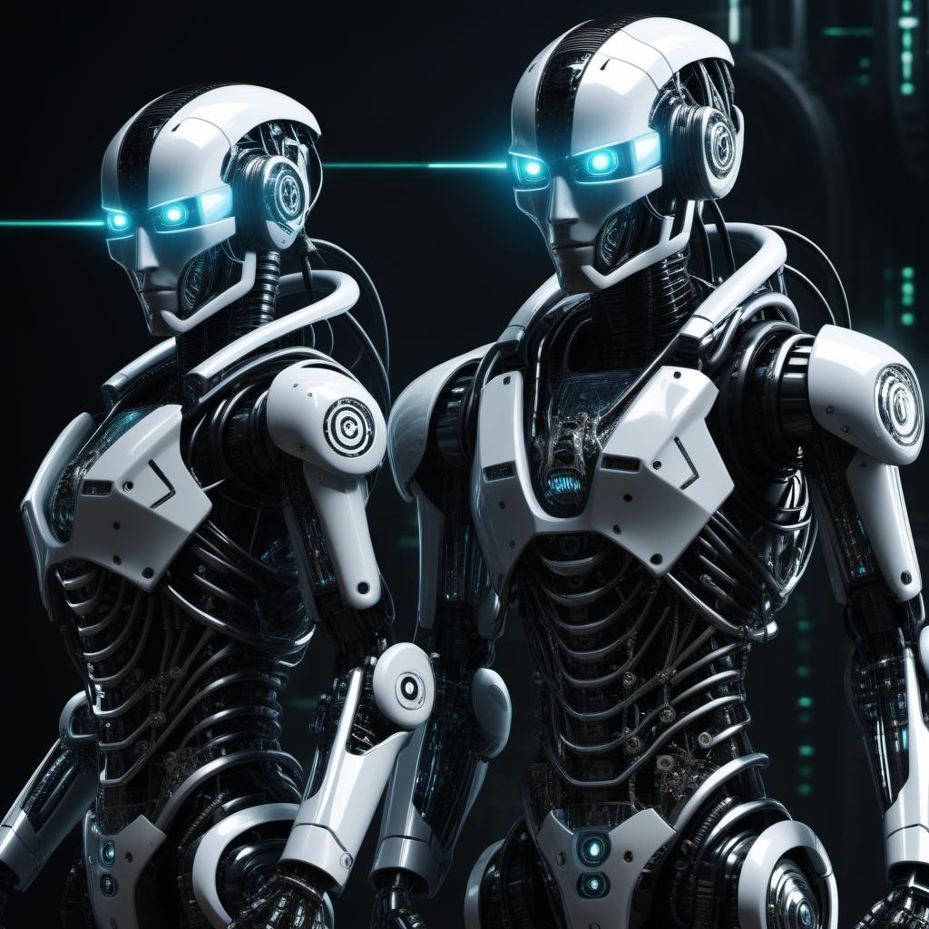  biomechanical cyberpunk two robots + battle . cybernetics, human-machine fusion, dystopian, organic meets artificial, dark, intricate, highly detailed