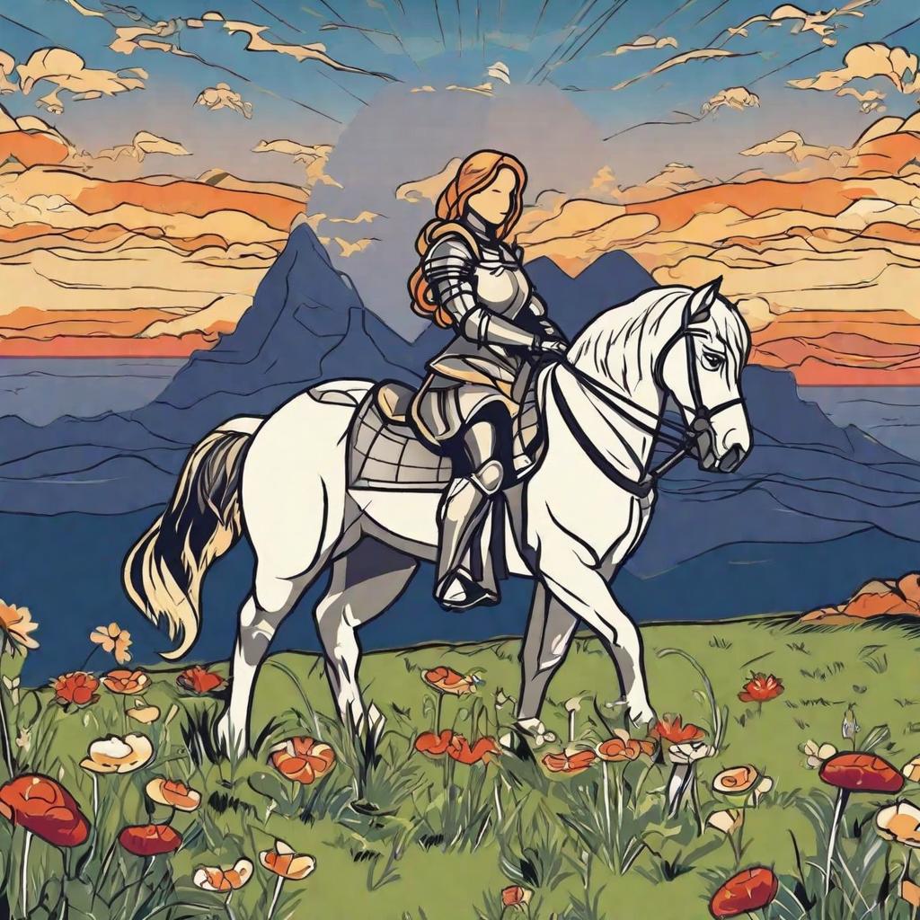  masterpiece, best quality,Female knight facing sunset, cartoon