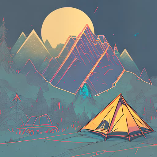 nvinkpunk Whimsical mountains with trees, camping tent and fire