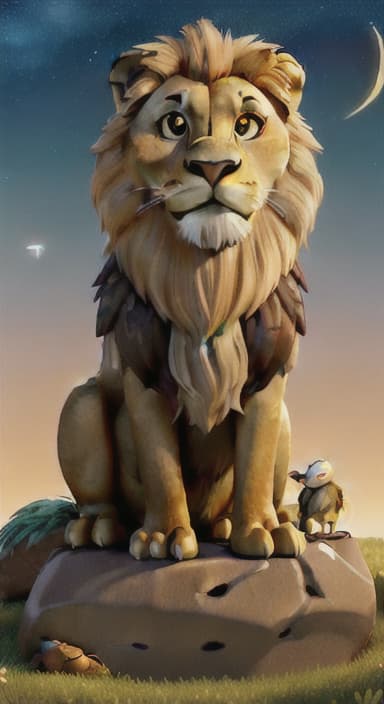  {The lion lying down on the grass with the eagle perched on a nearby rock, both gazing up at the twinkling stars in the night sky, Eagle: A large, regal bird with golden brown feathers and piercing eyes. Lion: A strong and majestic creature with a golden mane and a confident stance