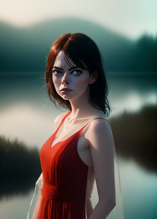 a woman standing in front of a body of water, Emma stone, portrait featured on unsplash, watery black eyes, transparent Red dress, raining portrait, portrait of ,  with white eyes, look, reflections in eyes, DSLR, soaking hair, angry woman, emotive portrait, portrait of  , in a lake, 4k/8k, bokeh, cinematic movie photograph, perfect composition, hyperrealistic, super detailed, 8k, high quality, trending art, trending on artstation, sharp focus, studio photo, intricate details, highly detailed, by greg rutkowski, award winning, (trending on artstation), HDR, UHD, 64K, highly detailed, (digital art:1.3), intricate, (highly detailed:1.3), digital painting, artstation, concept art, ilration