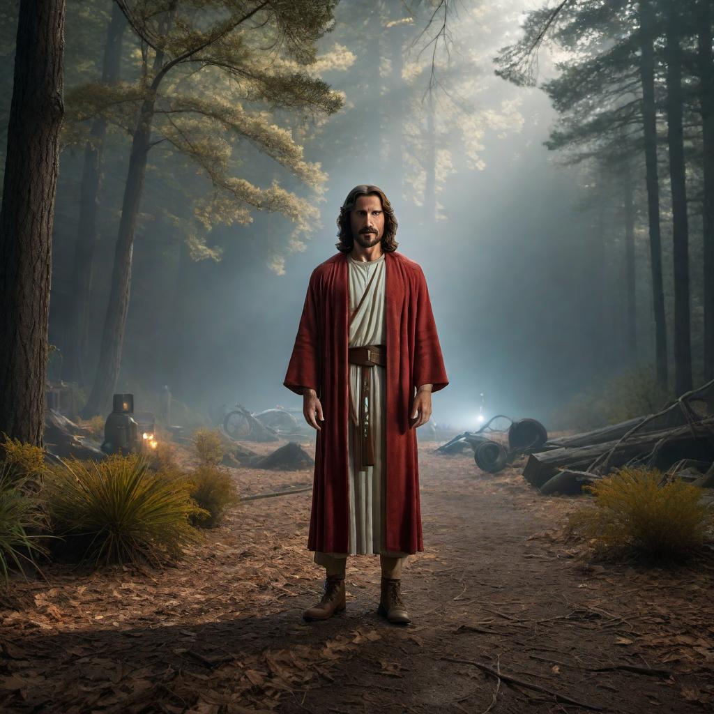  An image of Jesus appearing as a character in the 'Stranger Things' TV series, wearing 80s-style clothes and surrounded by the show's supernatural elements and characters. hyperrealistic, full body, detailed clothing, highly detailed, cinematic lighting, stunningly beautiful, intricate, sharp focus, f/1. 8, 85mm, (centered image composition), (professionally color graded), ((bright soft diffused light)), volumetric fog, trending on instagram, trending on tumblr, HDR 4K, 8K