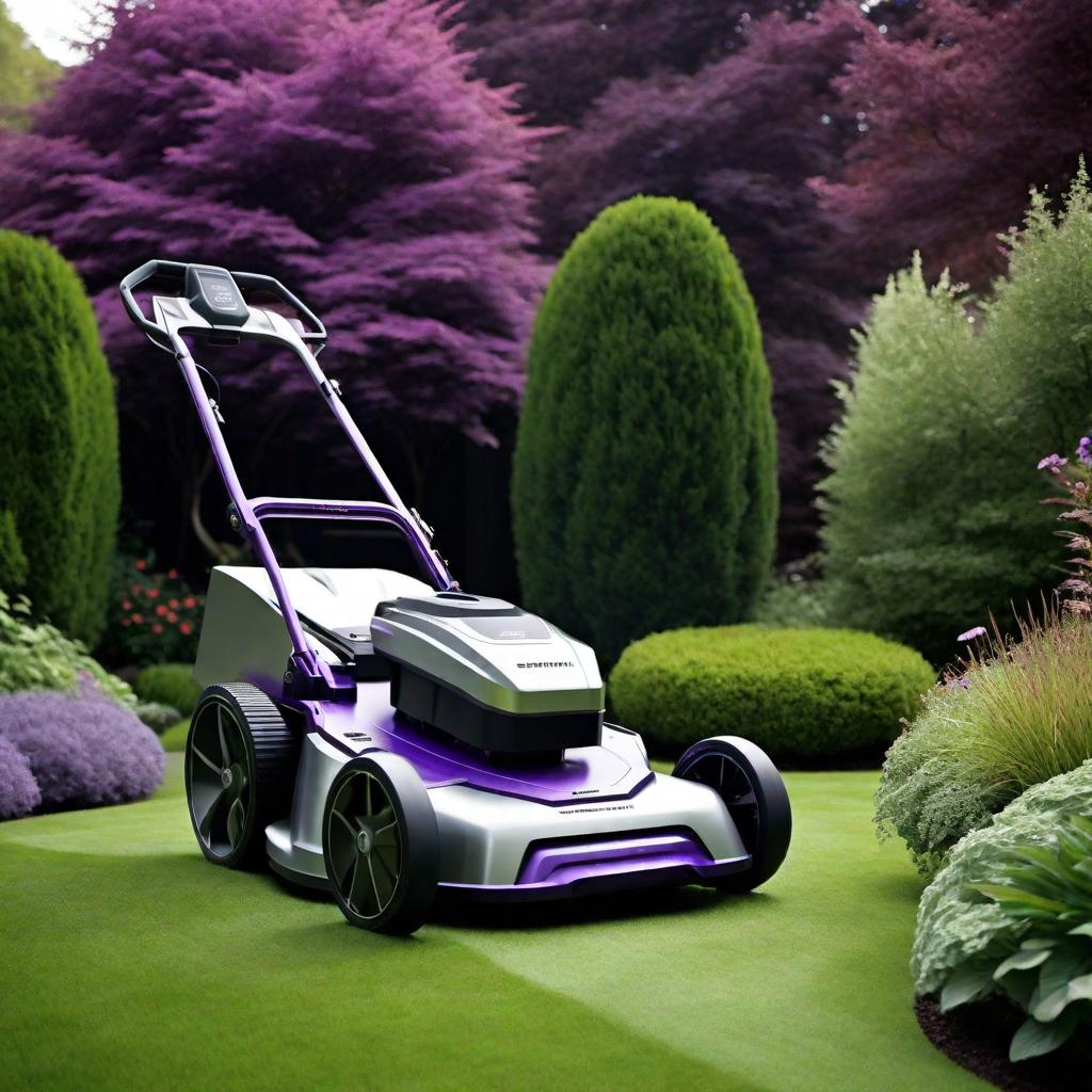  Create a futuristic-looking lawn mower as part of the 'STEALTH 9000' garden equipment series. Ensure the design incorporates silver and purple to match the series theme, and prominently displays the 'STEALTH 9000' branding. Update the appearance to look more advanced, with features that suggest cutting-edge technology and innovation. Additionally, modify the tree in the background to have a teal color, which complements the overall design. Keep the same name 'STEALTH 9000' and ensure that the modifications are cohesive with the previously established aesthetic for the series. hyperrealistic, full body, detailed clothing, highly detailed, cinematic lighting, stunningly beautiful, intricate, sharp focus, f/1. 8, 85mm, (centered image composition), (professionally color graded), ((bright soft diffused light)), volumetric fog, trending on instagram, trending on tumblr, HDR 4K, 8K