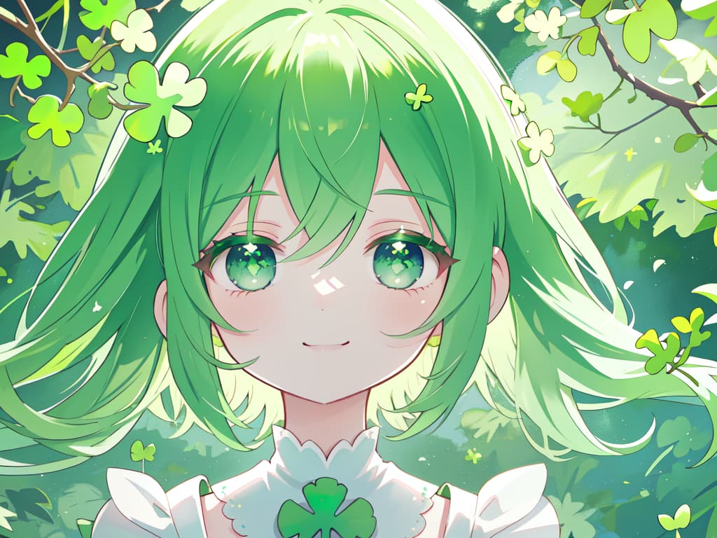  Three leaves clover, green hair, smile, masterpiece, best quality,8k,ultra detailed,high resolution,an extremely delicate and beautiful,hyper detail