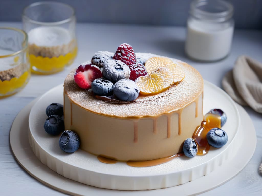  An 8k ultradetailed image of a sleek, modern kitchen countertop with a variety of delicious and visually appealing proteinpacked desserts neatly arranged on minimalist white plates. The desserts include a colorful chia seed pudding topped with fresh berries, a stack of protein pancakes drizzled with honey, and a platter of proteinrich energy balls coated in coconut flakes. The image exudes a sense of sophistication and healthconsciousness, with soft natural lighting enhancing the vibrant colors of the desserts and creating a visually striking composition. hyperrealistic, full body, detailed clothing, highly detailed, cinematic lighting, stunningly beautiful, intricate, sharp focus, f/1. 8, 85mm, (centered image composition), (professionally color graded), ((bright soft diffused light)), volumetric fog, trending on instagram, trending on tumblr, HDR 4K, 8K