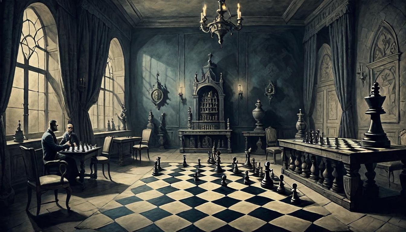  on parchment, surrealism+++, A dimly lit room with a chessboard, shadowy figure moving pieces, strategically and silently, air of control and manipulation(mysterious, provocative, symbolic,muted color)+++