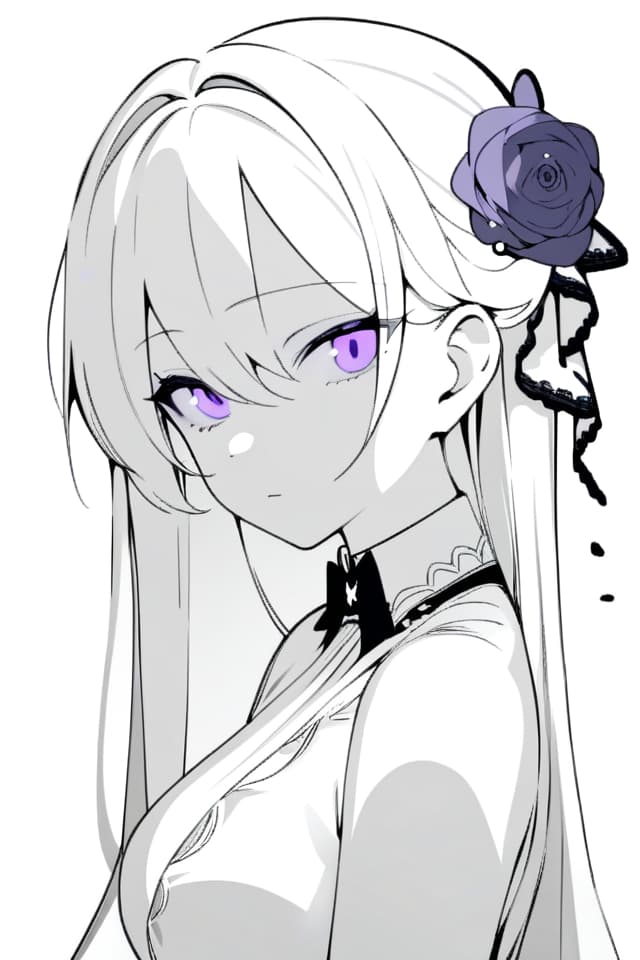  (masterpiece,best quakity;1.4),1girl,solo,green hair,long hair,purple eyes,formal dress,Purple rose hair ornament,expressionless,simple background,portrait,(monochrome:1.2),