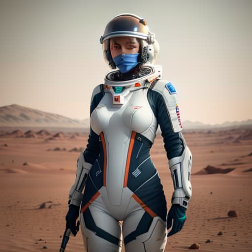  Create an image of a female astronaut exploring the surface of Mars. She is in a modern, sleek space suit designed for mobility, with a clear visor revealing her determined gaze. The suit is primarily white with blue and silver accents, reflecting the colors of Earth. In her left hand, she holds a futuristic tool for collecting soil samples. The background showcases the red Martian landscape, with a distant view of a space colony consisting of geometric domes. The sky is a light shade of orange with Phobos visible in the distance. The lighting is soft, suggesting late afternoon on Mars. The overall mood is one of adventure and discovery. The style should be realistic with a touch of artistic flair to enhance the textures of the Martian soil hyperrealistic, full body, detailed clothing, highly detailed, cinematic lighting, stunningly beautiful, intricate, sharp focus, f/1. 8, 85mm, (centered image composition), (professionally color graded), ((bright soft diffused light)), volumetric fog, trending on instagram, trending on tumblr, HDR 4K, 8K