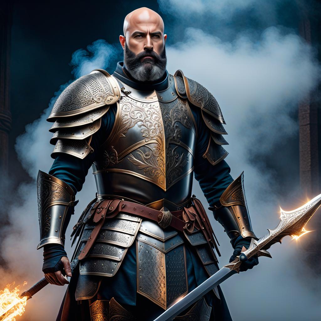  isometric style Bald and bearded warrior in knight's armor, without a helmet . vibrant, beautiful, crisp, detailed, ultra detailed, intricate hyperrealistic, full body, detailed clothing, highly detailed, cinematic lighting, stunningly beautiful, intricate, sharp focus, f/1. 8, 85mm, (centered image composition), (professionally color graded), ((bright soft diffused light)), volumetric fog, trending on instagram, trending on tumblr, HDR 4K, 8K