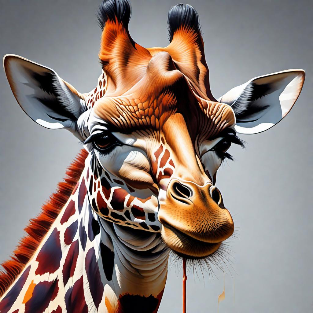  Create a hyperrealistic image of a giraffe in graffiti style, with splash art effects, vibrant colors, and intricate details. The giraffe should be melting into the background made of spray paint, oil gouache, and acrylic, with high contrast. The composition should be a mid shot at a 2/3 face angle, lit from the side to create dramatic shadows. The background should be colorful and polychromatic to enhance the overall aesthetic of the image. The artwork should be ultra detailed and of high quality, resembling street art and concept art. hyperrealistic, full body, detailed clothing, highly detailed, cinematic lighting, stunningly beautiful, intricate, sharp focus, f/1. 8, 85mm, (centered image composition), (professionally color graded), ((bright soft diffused light)), volumetric fog, trending on instagram, trending on tumblr, HDR 4K, 8K