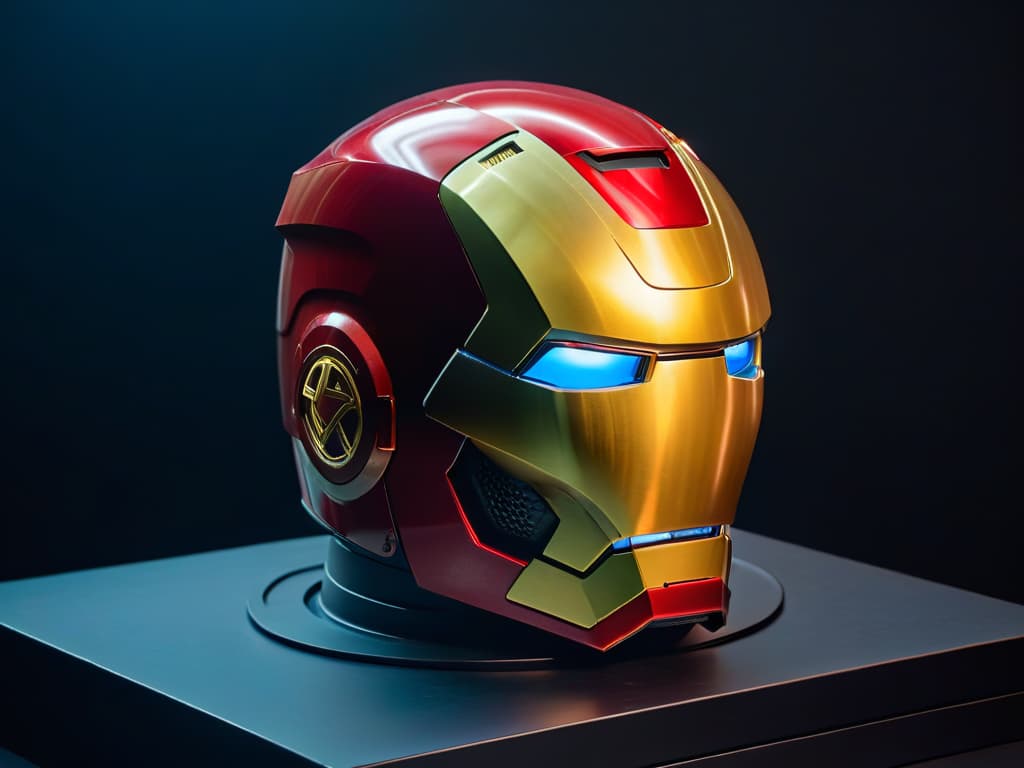  A minimalistic, highly detailed image of the iconic red and gold Iron Man helmet, gleaming with intricate mechanical details and reflections, set against a sleek black background to emphasize its superhero flair and technological sophistication. hyperrealistic, full body, detailed clothing, highly detailed, cinematic lighting, stunningly beautiful, intricate, sharp focus, f/1. 8, 85mm, (centered image composition), (professionally color graded), ((bright soft diffused light)), volumetric fog, trending on instagram, trending on tumblr, HDR 4K, 8K