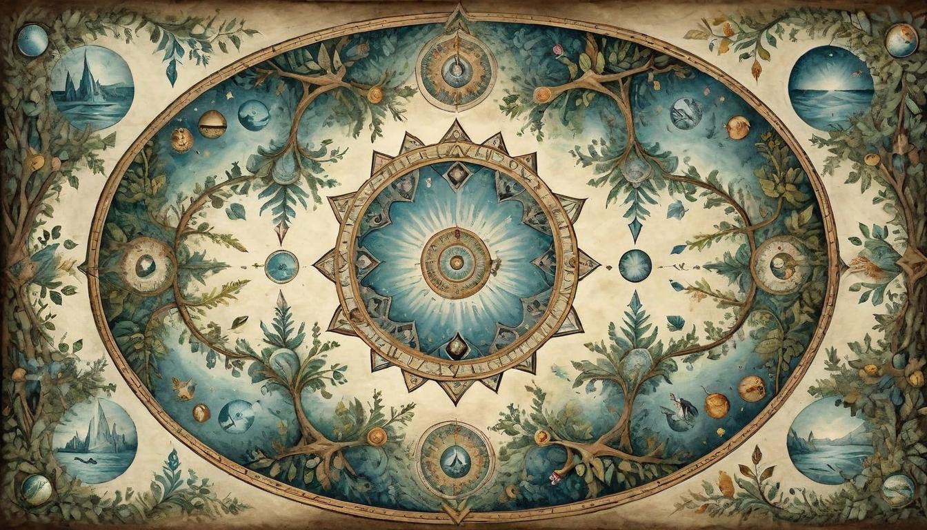  on parchment, surrealism+++, A kaleidoscope of mirrors, each reflecting a different face, surrounded by motifs of nature and infinity, symbolizing sharing uniqueness to inspire, diversity in unity, reflective growth, endless possibilities(mysterious, provocative, symbolic,muted color)+++